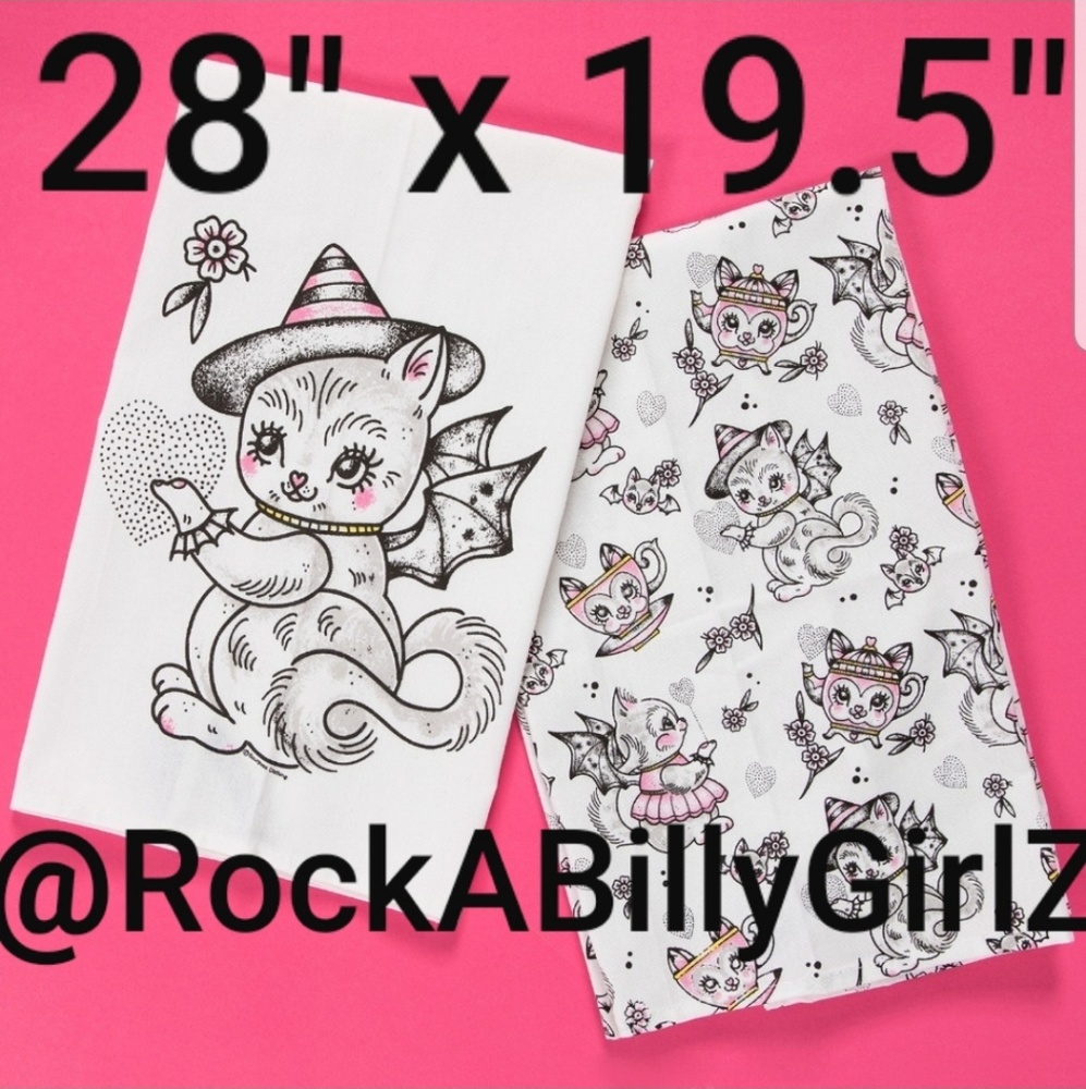 Sourpuss Batty Witch Winged Cat Teapot Hearts Bats Teacups Kitchen Towel 2pc Set - Picture 2 of 5